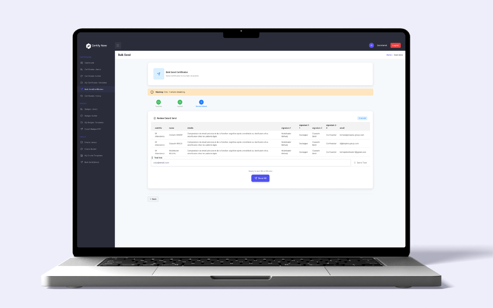 Interface d'envoi en masse CertifyNow