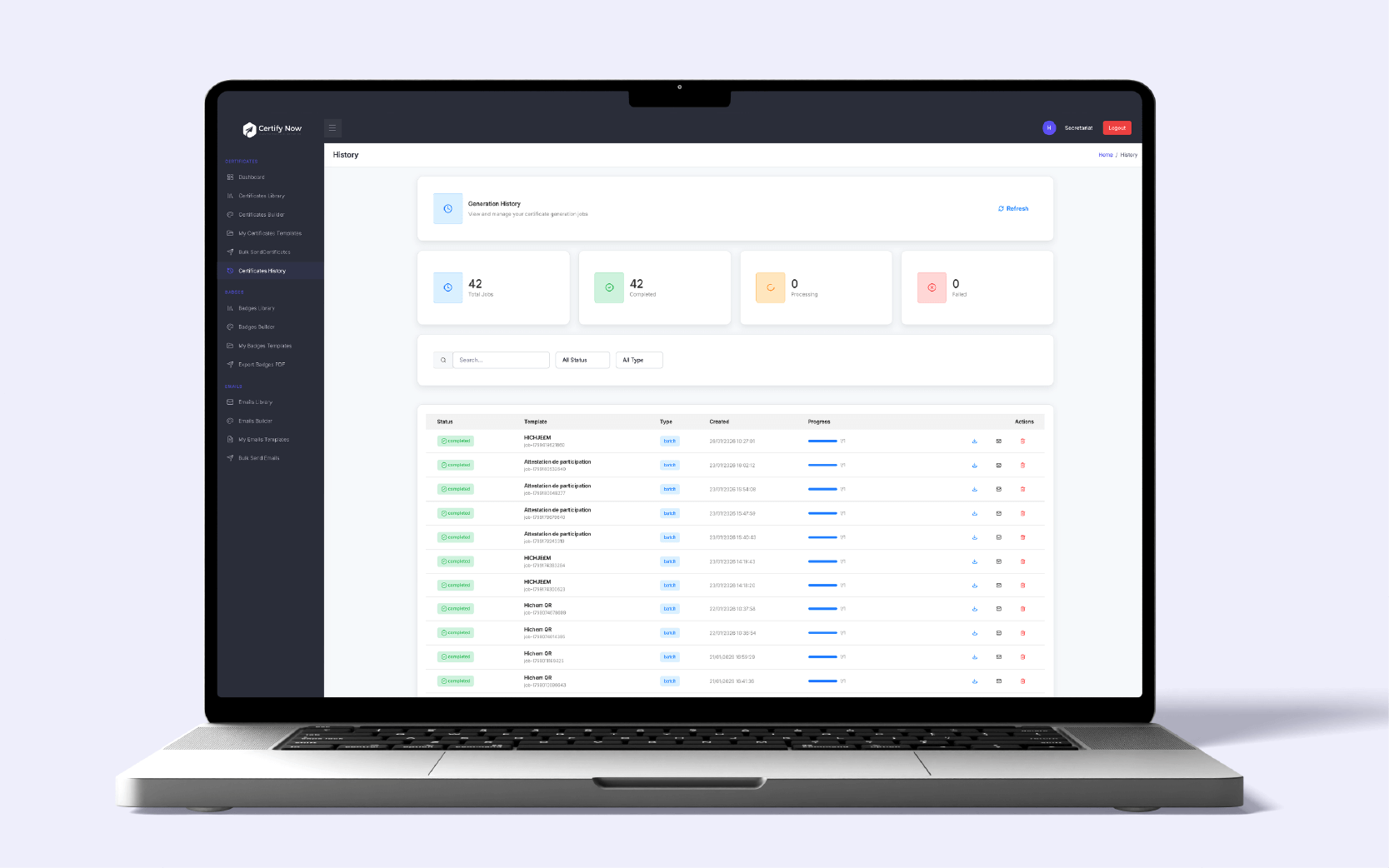 Tableau de suivi des attestations CertifyNow